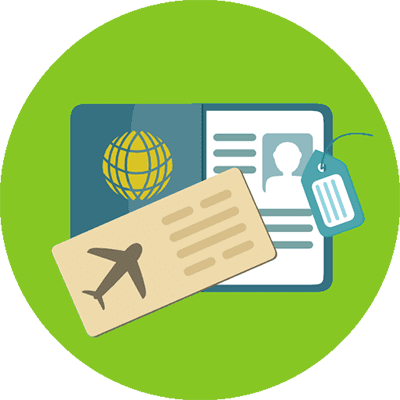 A green circle with an airplane and passport on it