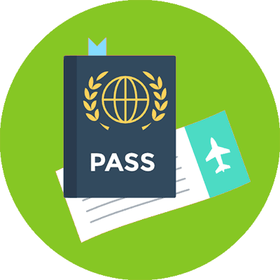 A passport and boarding pass sitting on top of a green background.