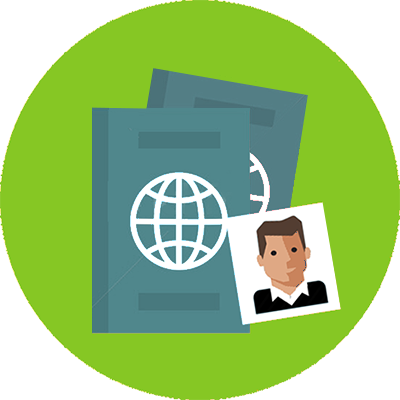A green circle with two passports and a picture of a man.