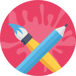 A pencil and brush are crossed in front of a pink background.